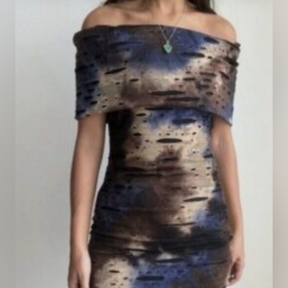 Samuel Dong Off shoulders Bodycon Brown Blue burnout tattered style Size Small